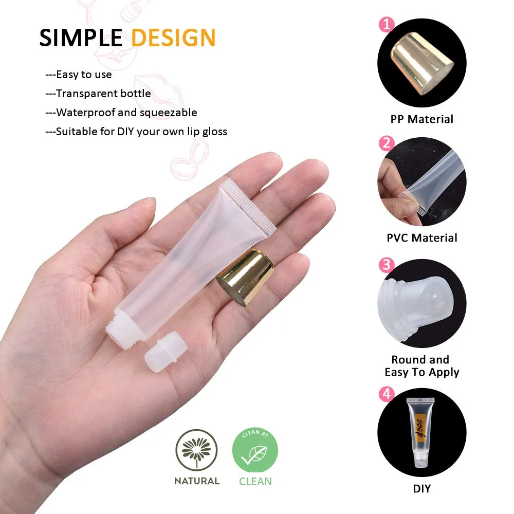 AMORIX 50PCS Lip Gloss Tubes 15ml Gold Cap Lip Gloss Containers Empty Lip Balm Tubes Refillable Cosmetic Squeeze Lipgloss Tubes   2 x 20ml Syringes Tag Labels for DIY Lip Gloss Base Glitter