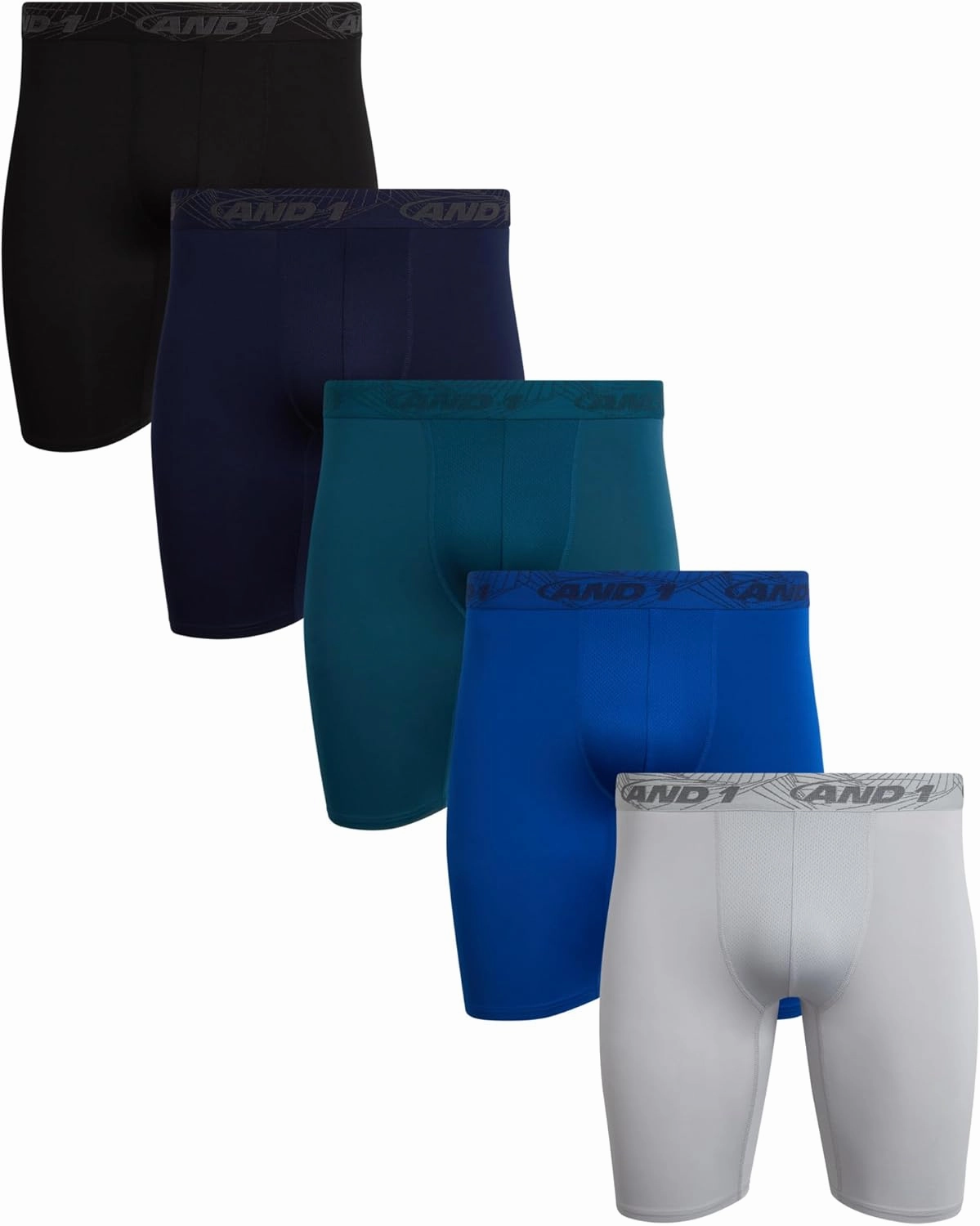 AND1 Mens Boxer Briefs - 5 Pack Performance Stretch Mens Underwear Long Leg Boxers for Men with Contour Pouch (Sizes: S-3XL)