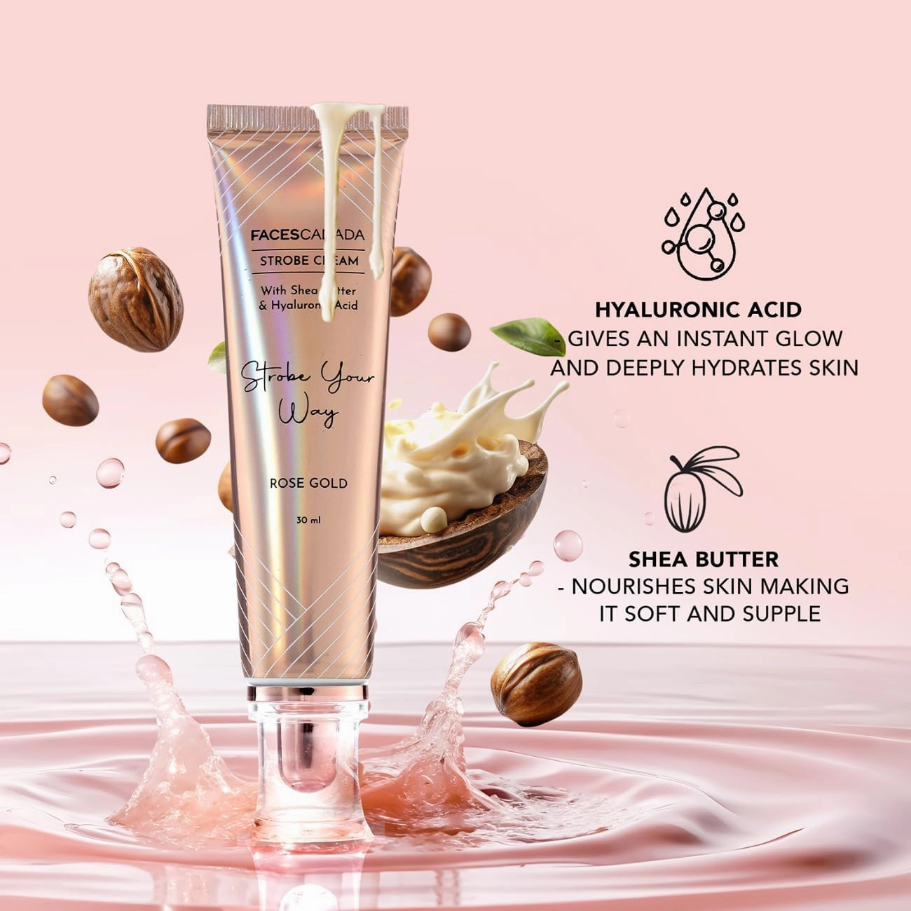 AYU FACECANADA Strobe Cream - Rose Gold, 1.01Fl Oz, Primer   Highlighter  Moisturizer, She Butter & hyaluronic Acid, Intense Hydration, Flawless Radiant Dewy Skin, Illuminating & Glowing Makeup.