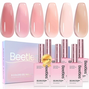 Beetles Nude Pink Gel Nail Polish Set, 6 Colors 15ML Light Pink Jelly Gel Nail Polish Kit Neutral Sheer Full Size Translucent Nail Concealer Soak Off UV Manicure Salon Colorful Bottle Gift for Women