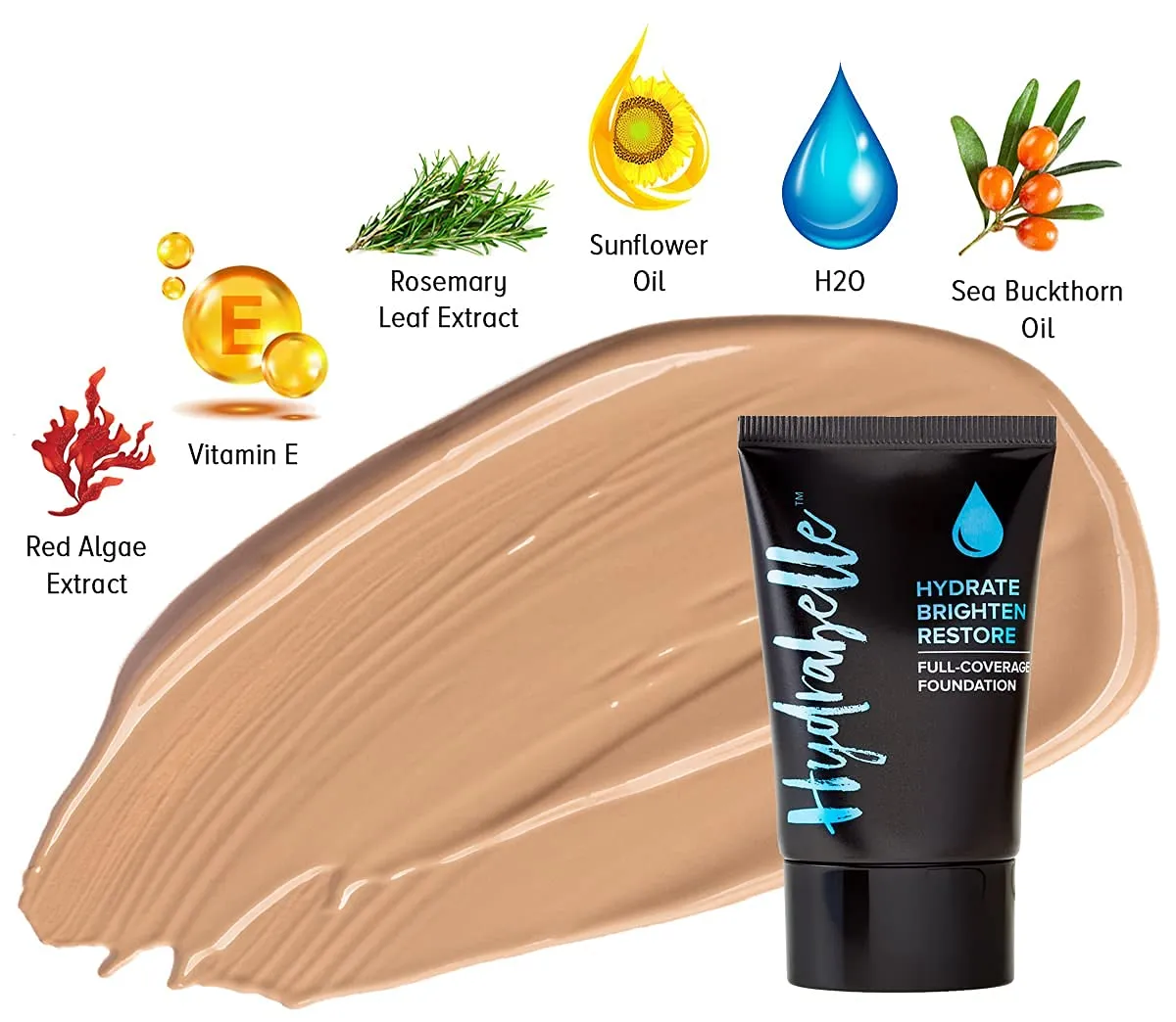 Belle Beauty Hydrabelle Full Coverage Foundation with Luxe Foundation Brush - Long-lasting, Flawless Face Makeup - Hydrating, Paraben-free Formula (Deep)