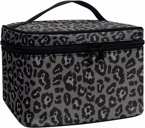 Black Leopard Print Makeup Bag Travel Toiletry Bag with Brush Holder Large Travel Makeup Cosmetics Case Organizer Bag Portable Skincare Organizer Travel Tote Bag with Zipper Gifts for Women