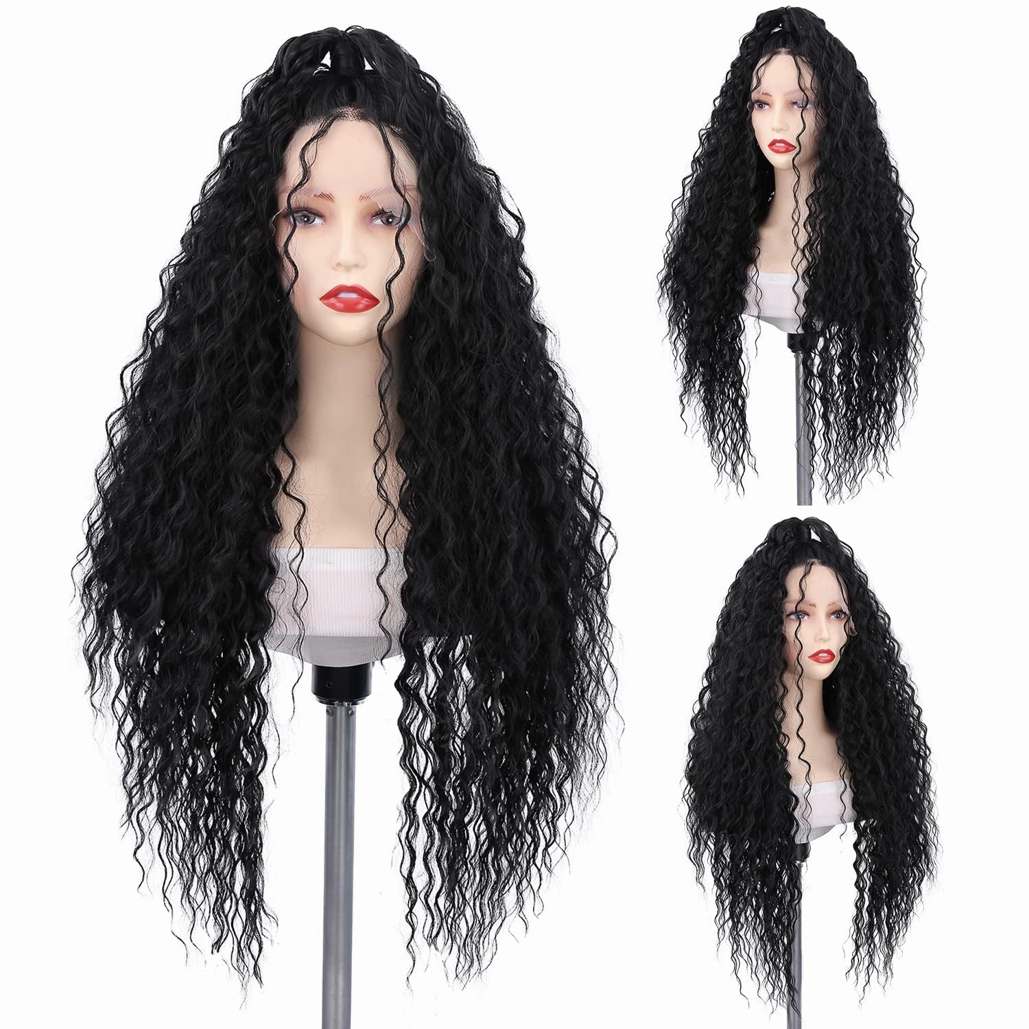 Black Long Kinky Curly Wig 13x4x1 T Lace Middle Part Deep Curly Glueless Wig for Black Women
