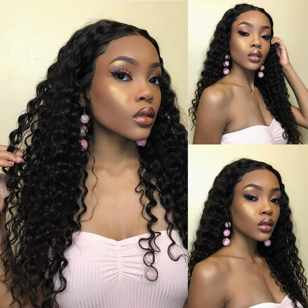 Black Long Kinky Curly Wig 13x4x1 T Lace Middle Part Deep Curly Glueless Wig for Black Women