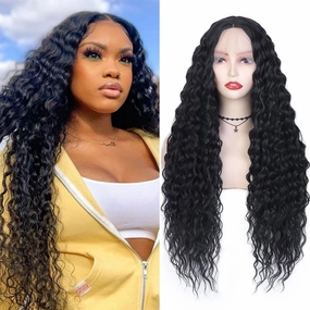 Black Long Kinky Curly Wig 13x4x1 T Lace Middle Part Deep Curly Glueless Wig for Black Women
