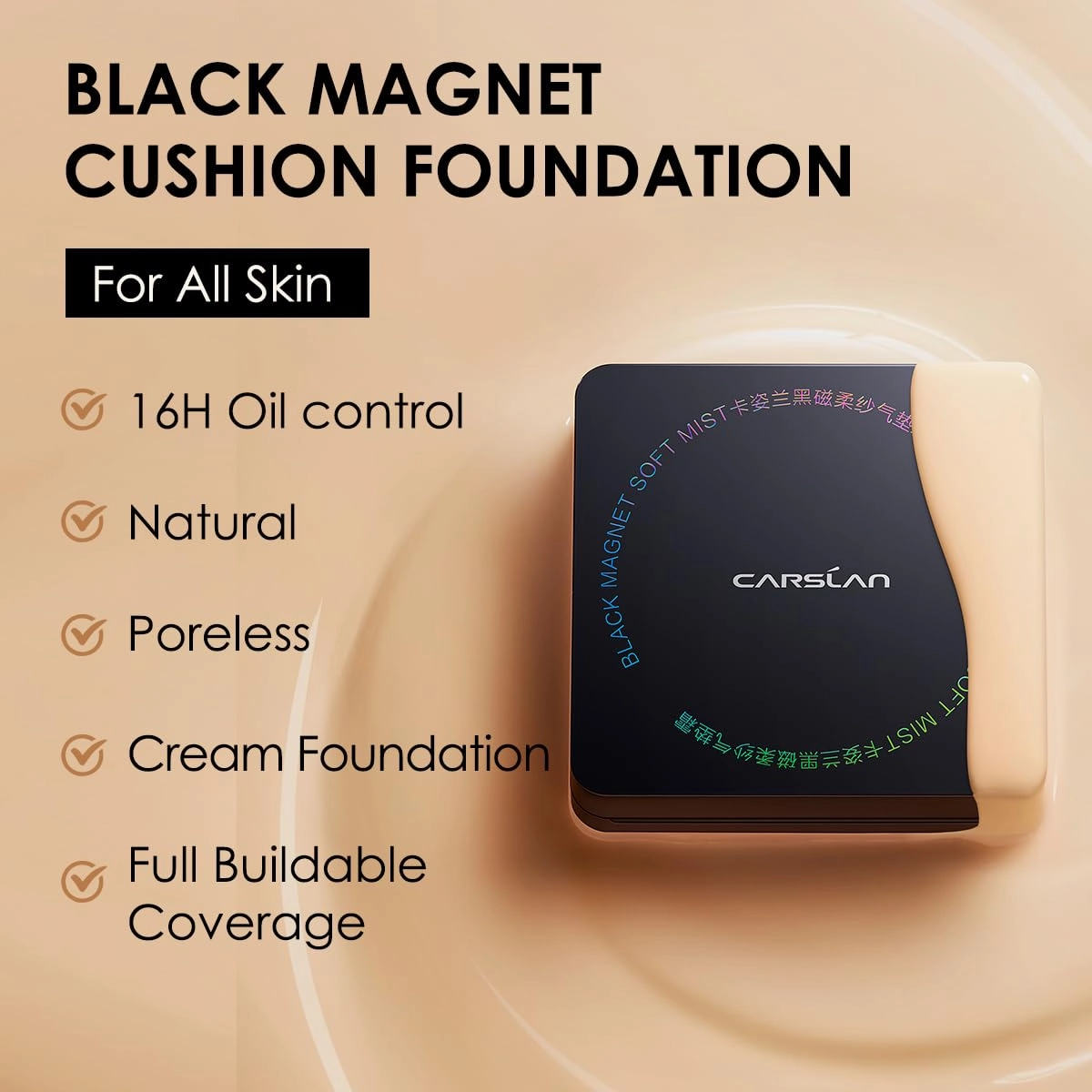 Black Magnet Cushion Foundation - Full Buildable Coverage, Moisturizing, Lightweight, 16H Long-Lasting Glow Looking, Refill Included, 02.Ivory White