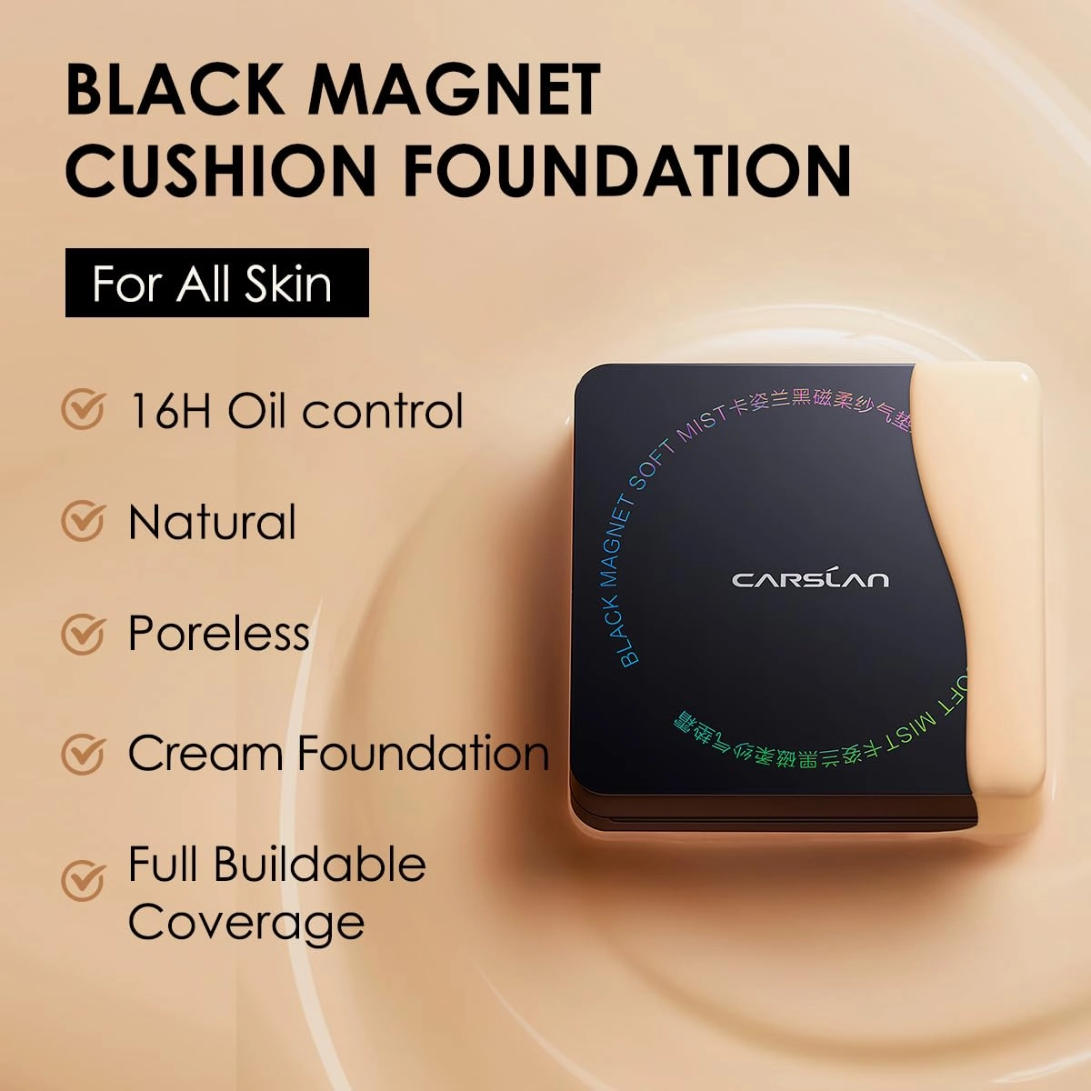 Black Magnet Cushion Foundation - Full Buildable Coverage, Moisturizing, Lightweight, 16H Long-Lasting Glow Looking, Refill Included, 03.Medium Beige
