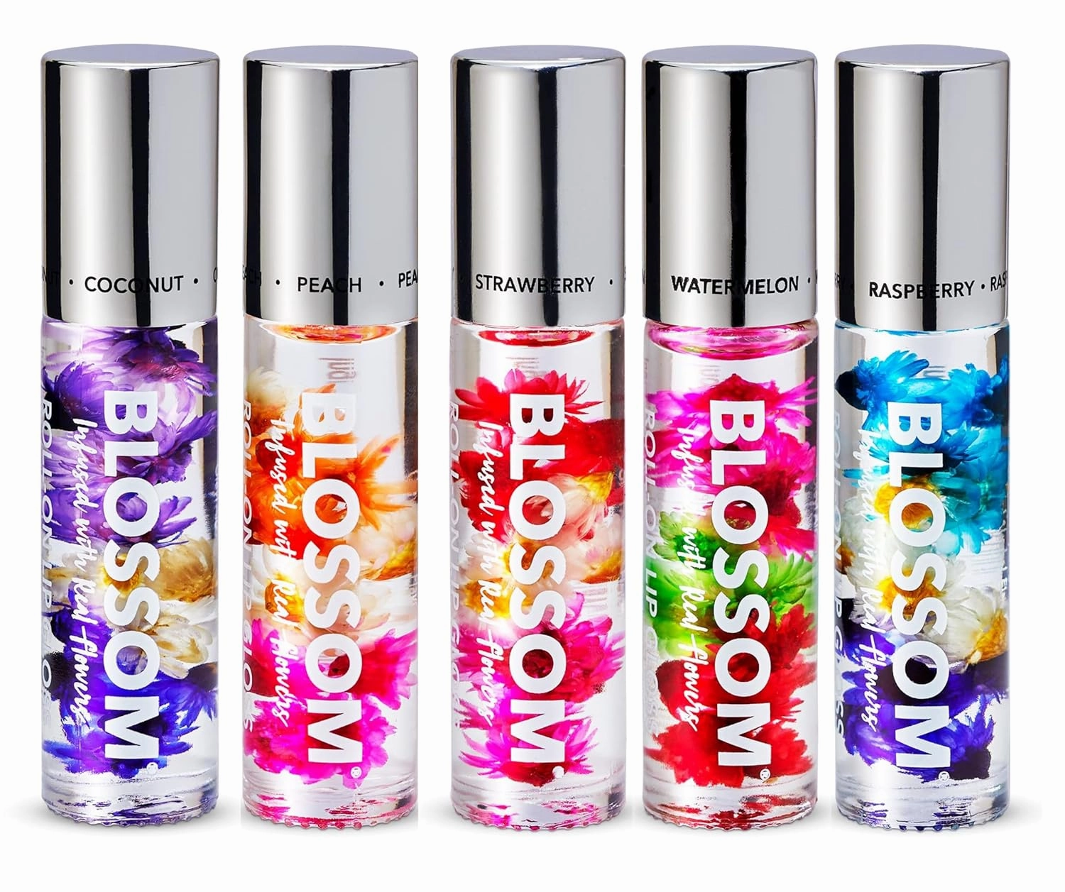 Blossom Scented Roll on Lip Gloss, Infused with Real Flowers, Made in USA, 1.0 Fl oz/29.5mL, 5 PACK BUNDLE, Coconut, Juicy Peach, Strawberry, Raspberry, Watermlon