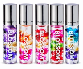 Blossom Scented Roll on Lip Gloss, Infused with Real Flowers, Made in USA, 1.0 Fl oz/29.5mL, 5 PACK BUNDLE, Coconut, Juicy Peach, Strawberry, Raspberry, Watermlon