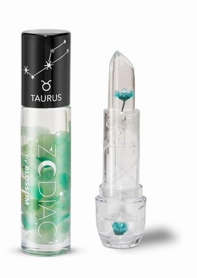 Blossom Zodiac Sign Vanilla Scented Moisturizing Roll-On Lip Gloss with Crystals   pH Technology Color Changing Crystal Strawberry Scented Lip Balm, 2 Pack Bundle, Taurus/Turquoise