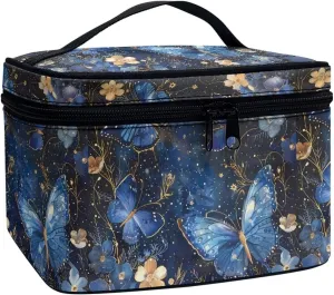 Blue Butterfly Makeup Bag for Women Travel Toiletry Bag Top Handle Cute Skincare Travel Bag Double Zipper Cosmetic Travel Bag Portable Makeup Organizer for Travel Birthday Gifts for Teen Girls