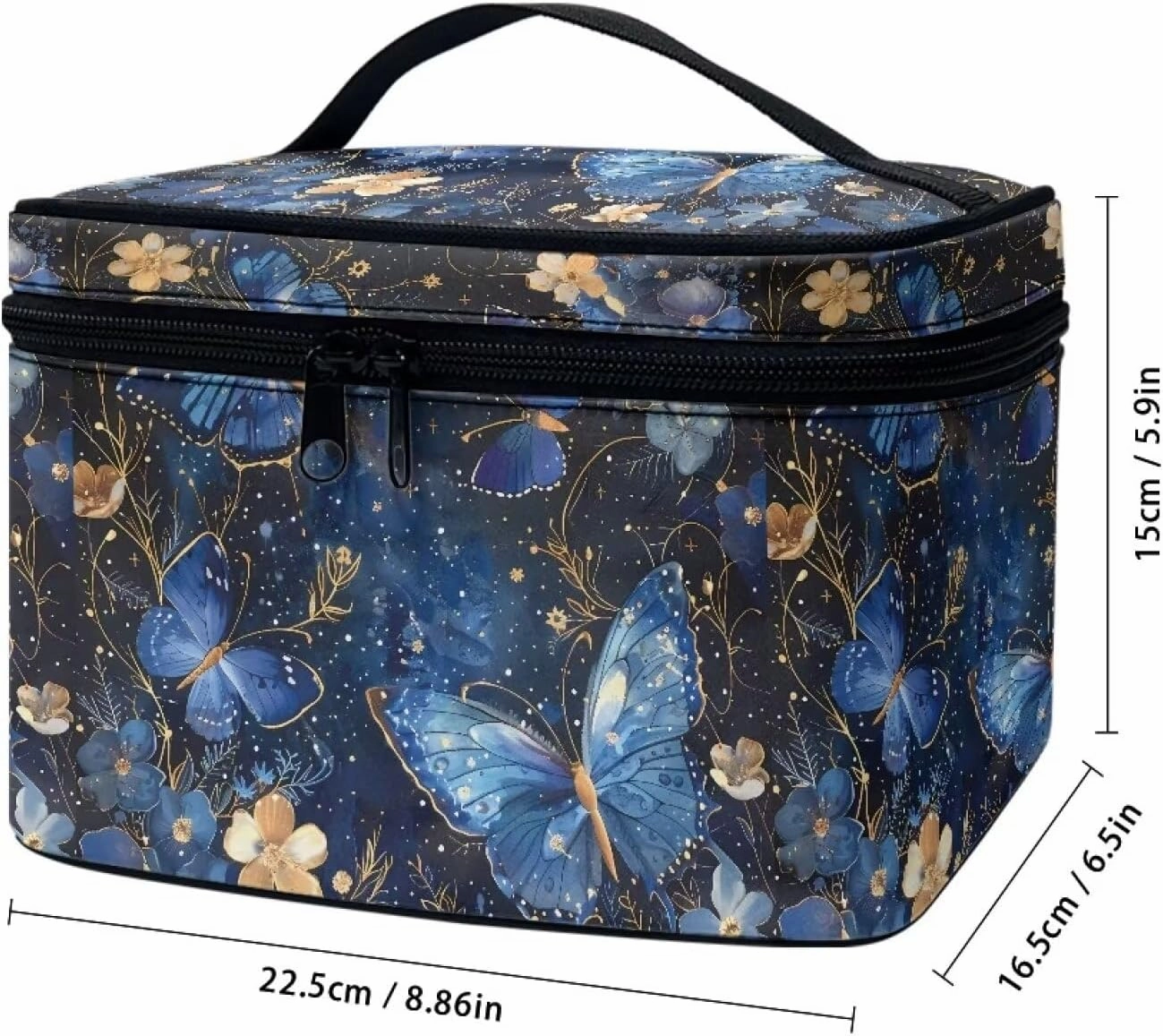 Blue Butterfly Makeup Bag for Women Travel Toiletry Bag Top Handle Cute Skincare Travel Bag Double Zipper Cosmetic Travel Bag Portable Makeup Organizer for Travel Birthday Gifts for Teen Girls