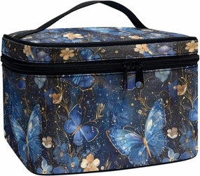 Blue Butterfly Makeup Bag for Women Travel Toiletry Bag Top Handle Cute Skincare Travel Bag Double Zipper Cosmetic Travel Bag Portable Makeup Organizer for Travel Birthday Gifts for Teen Girls