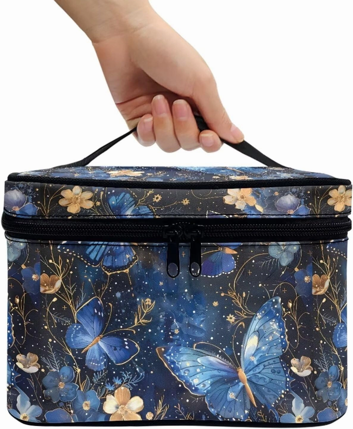 Blue Butterfly Makeup Bag for Women Travel Toiletry Bag Top Handle Cute Skincare Travel Bag Double Zipper Cosmetic Travel Bag Portable Makeup Organizer for Travel Birthday Gifts for Teen Girls
