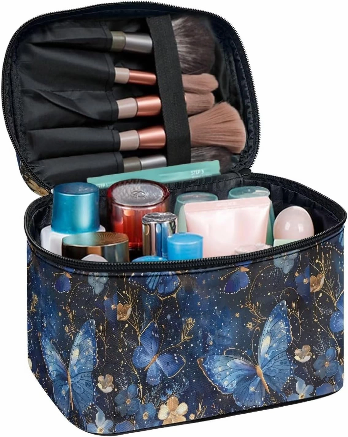 Blue Butterfly Makeup Bag for Women Travel Toiletry Bag Top Handle Cute Skincare Travel Bag Double Zipper Cosmetic Travel Bag Portable Makeup Organizer for Travel Birthday Gifts for Teen Girls