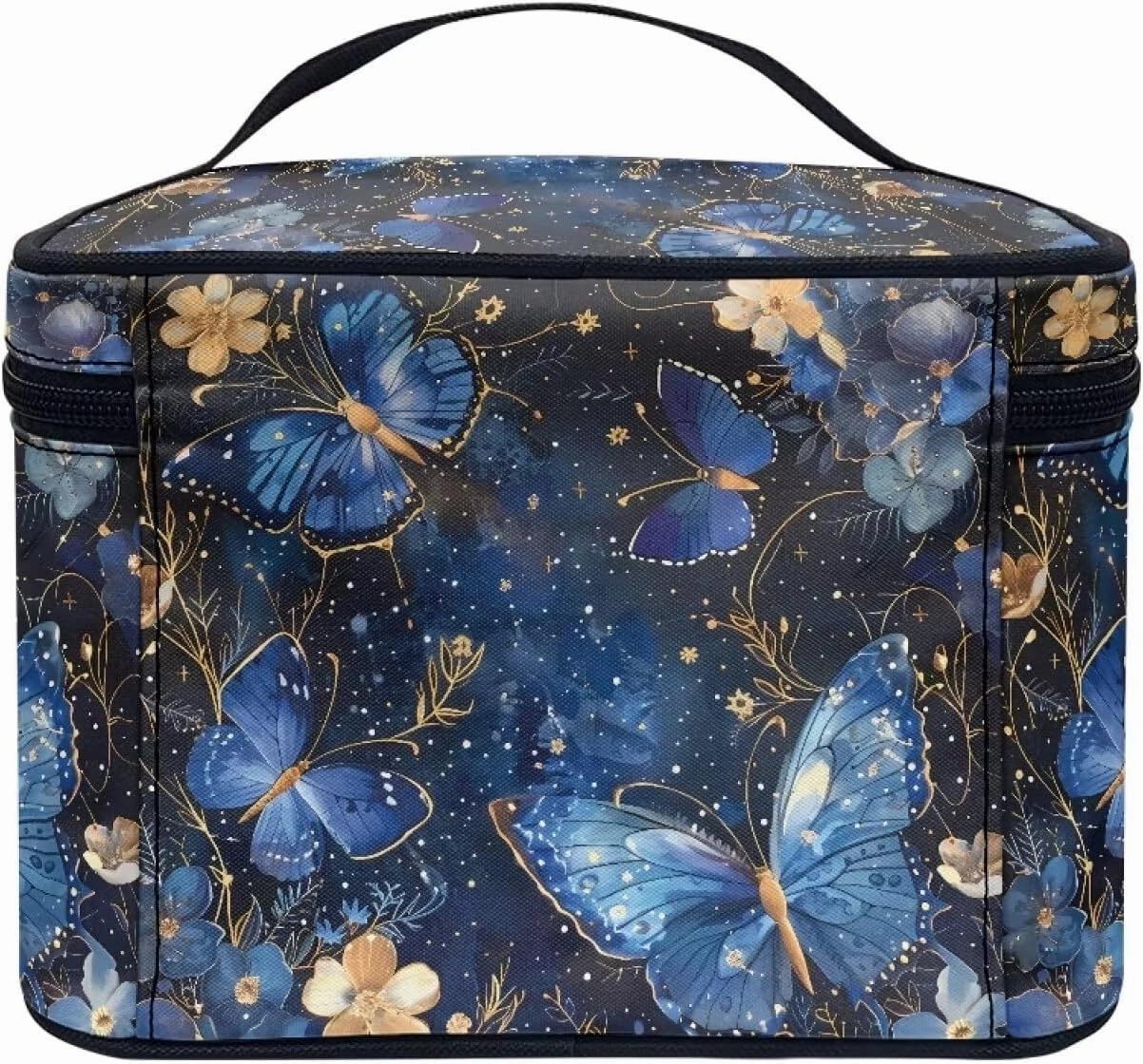 Blue Butterfly Makeup Bag for Women Travel Toiletry Bag Top Handle Cute Skincare Travel Bag Double Zipper Cosmetic Travel Bag Portable Makeup Organizer for Travel Birthday Gifts for Teen Girls