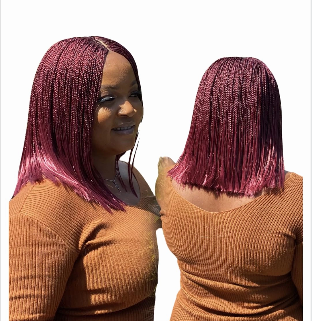 Braidsfashion - Nano Micro Twist Wig Glueless - 12"HD Full Lace Synthetic Hand-Braided Wig for Black Women - Natural Look Knotless Lace, Closure Backward Micro Braided Wigs for Easy Wear - Burgundy