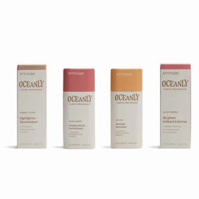 Bundle of ATTITUDE Oceanly Blush, EWG Verified, Plastic-Free, Vegan Makeup, Happy Berry, 0.3 Oz   Bronzer, Golden, 0.3 Oz   Highlighter Sunset Glow, 0.3 Oz   Lip Gloss, Happy Berry, 0.12 Oz
