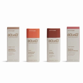 Bundle of ATTITUDE Oceanly, EWG Verified, Plastic-Free, Vegan Makeup, Lip Gloss, Happy Berry, 0.12 Oz   Blush, Corail, 0.3 Oz   Bronzer, Coffee, 0.3 Oz   Highlighter, Sunset Glow, 0.3 Oz