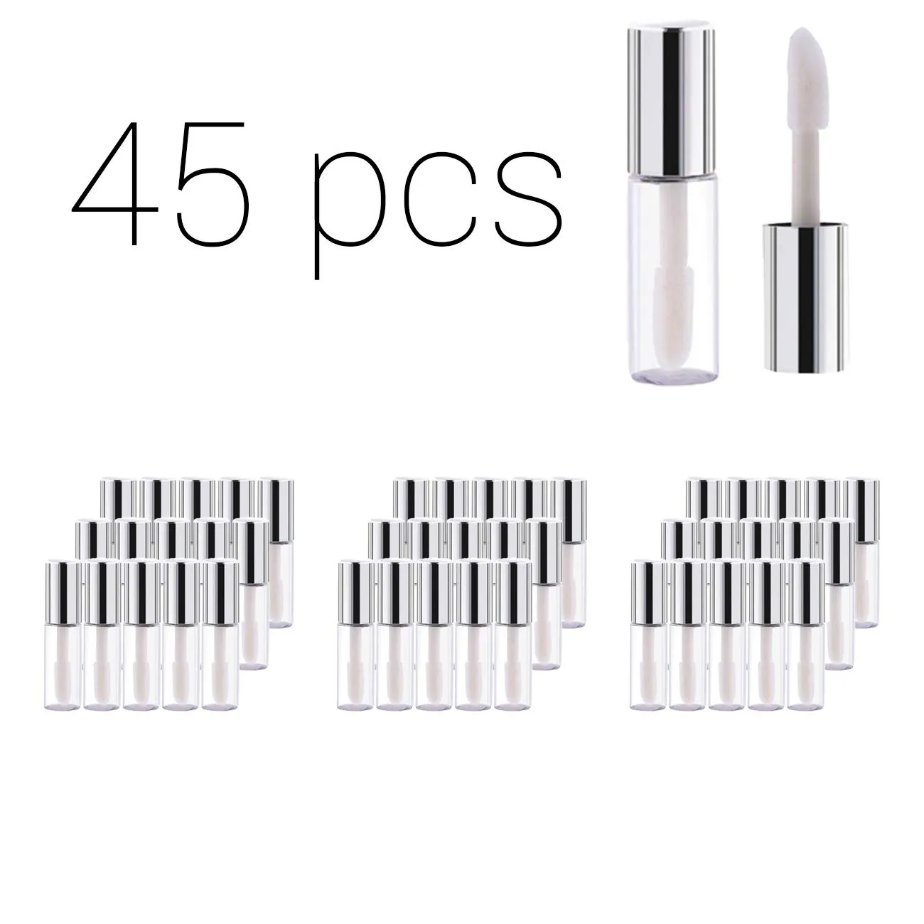 Case of 45 packs, Empty Plastic Clear Lip Gloss Tubes Lip Balm Bottle Container Silver Transparent 1.2ML Makeup Tool for Women (45 pcs, Silver)