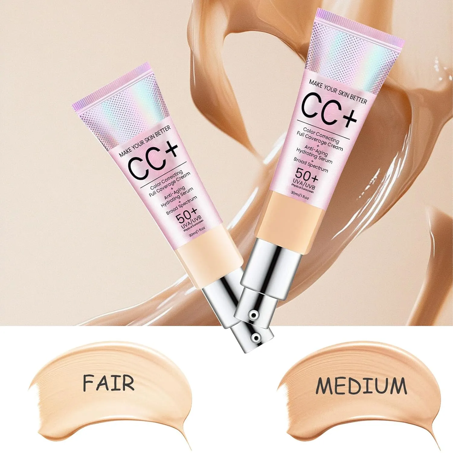 CC  Cream Illumination SPF50 w, CC Cream with spf 50, Hydrating Serum & SPF 50  Sunscreen Radiant Finish 1 fl oz, Luxe Brush Makeup (FAIR)