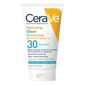CeraVe Hydrating Sheer Sunscreen SPF 30 for Face and Body, Mineral & Chemical Sunscreen with Zinc Oxide, Hyaluronic Acid, Niacinamides and Ceramides, Paraben Free Fragrance Free, 5 Ounces