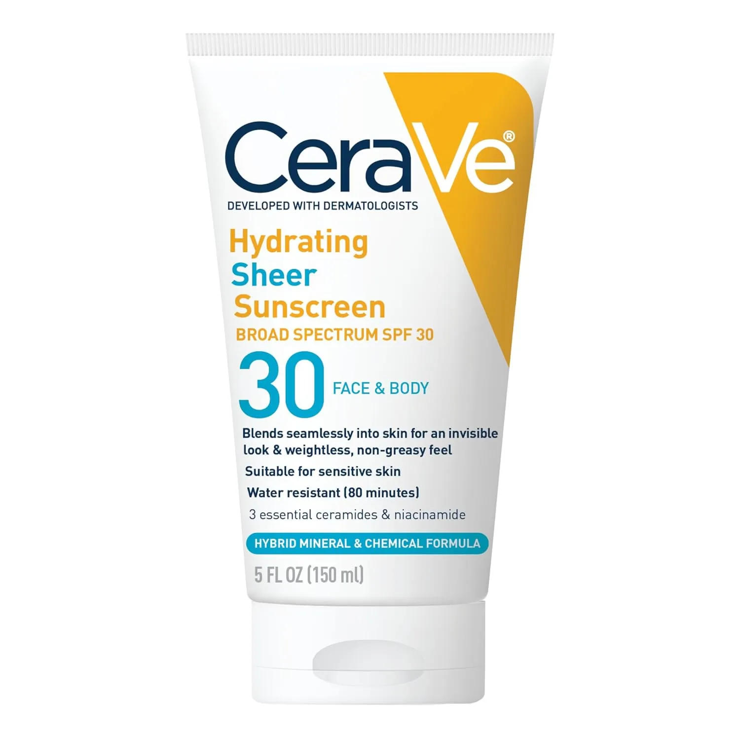 CeraVe Hydrating Sheer Sunscreen SPF 30 for Face and Body, Mineral & Chemical Sunscreen with Zinc Oxide, Hyaluronic Acid, Niacinamides and Ceramides, Paraben Free Fragrance Free, 5 Ounces