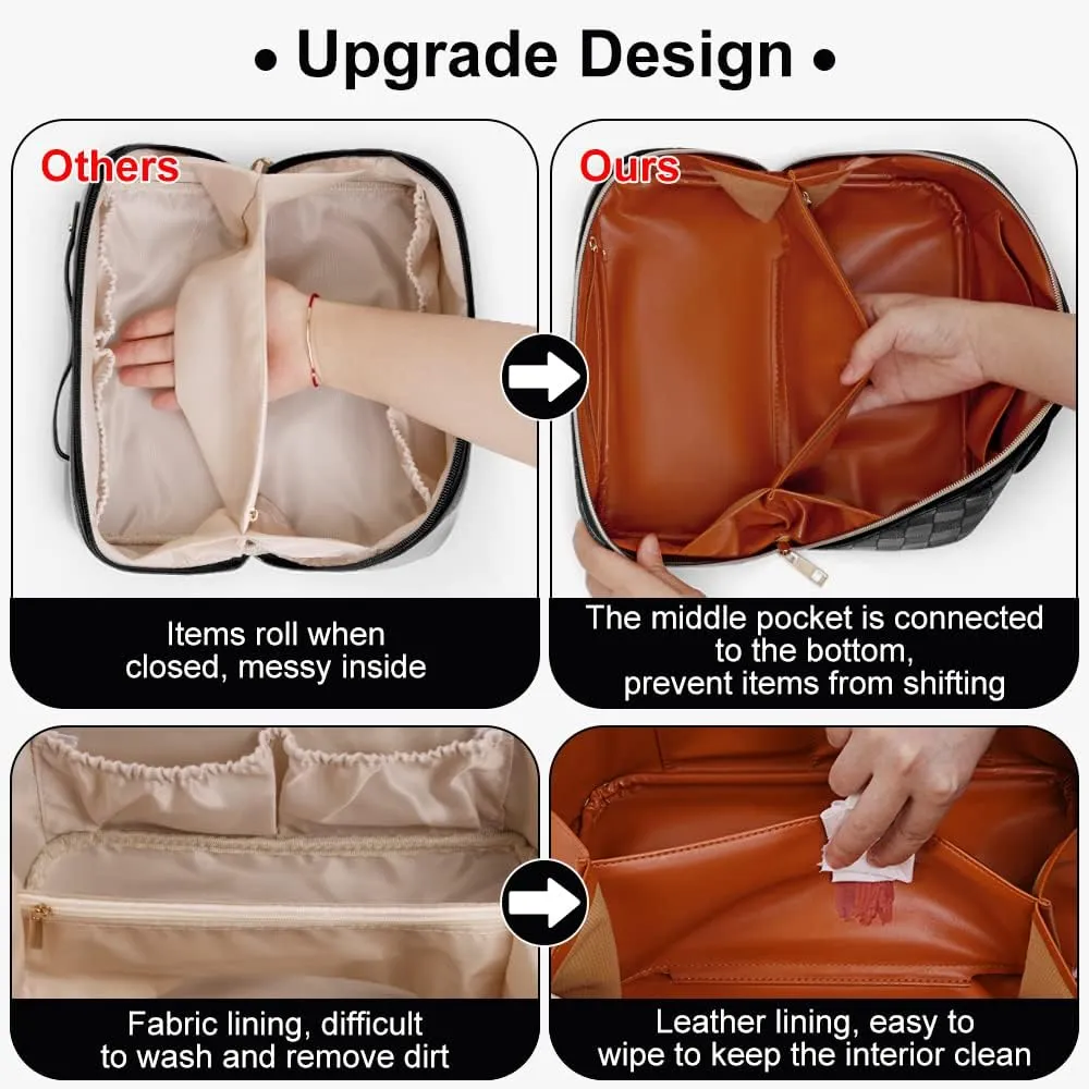 Cessfle Large Capacity Travel Cosmetic Bag Plaid Checkered Makeup Bag Portable Leather Waterproof Skincare Bag with Handle and Divider for Women, Black