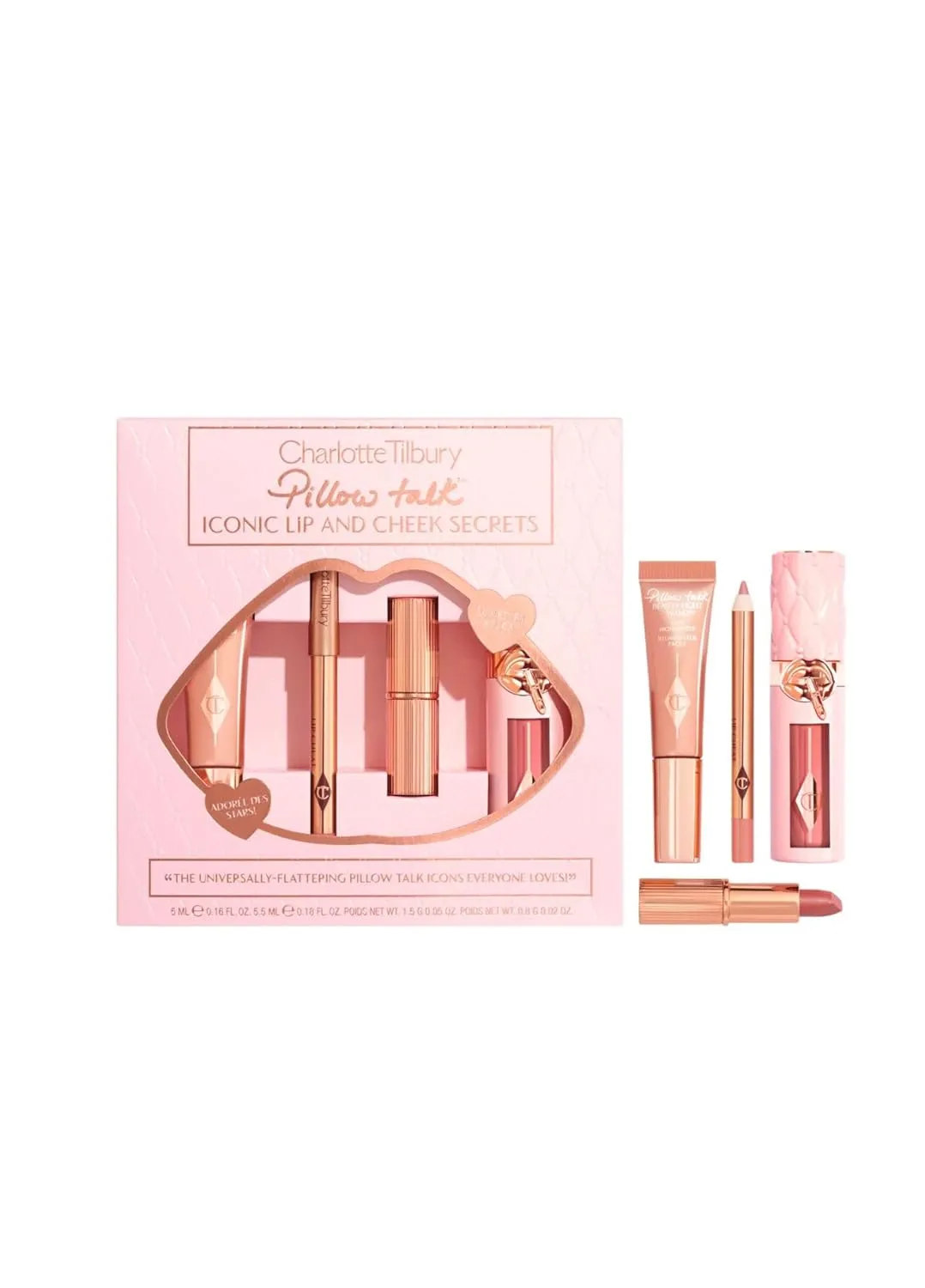 Charlotte Tilbury Pillow Talk Lip Secrets holiday Set - Matte Revolution Lipstick Full Size, Lip Cheat Liner, Collagen Lip Bath Plumper, Jewel Lips Lip Gloss