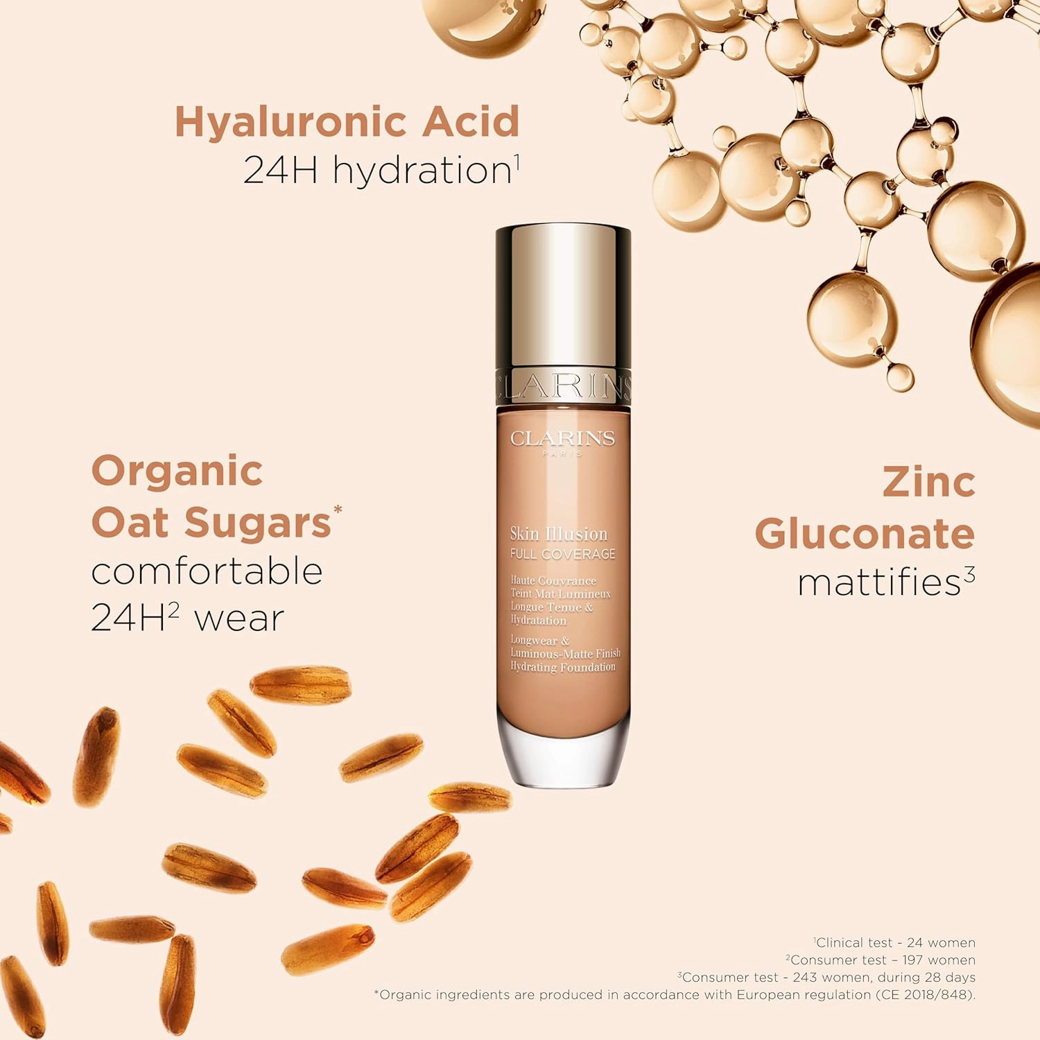 Clarins NEW Skin Illusion Longwear Full Coverage Foundation | Luminous Matte Finish | 24H* Hold and 24H** Hydration | Natural Looking Complexion | Transfer Proof, Sweat Proof and Smudge Proof