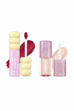 COLORGRAM Fruity Glass Tint 08 Lovely Raspberry   Milk Bling Shadow 07 Fairylike | Highly Pigmented Glossy Dewy Lip Gloss and Pigmented Glistening Liquid Glitter Eyeshadow, Long-lasting Shimmer