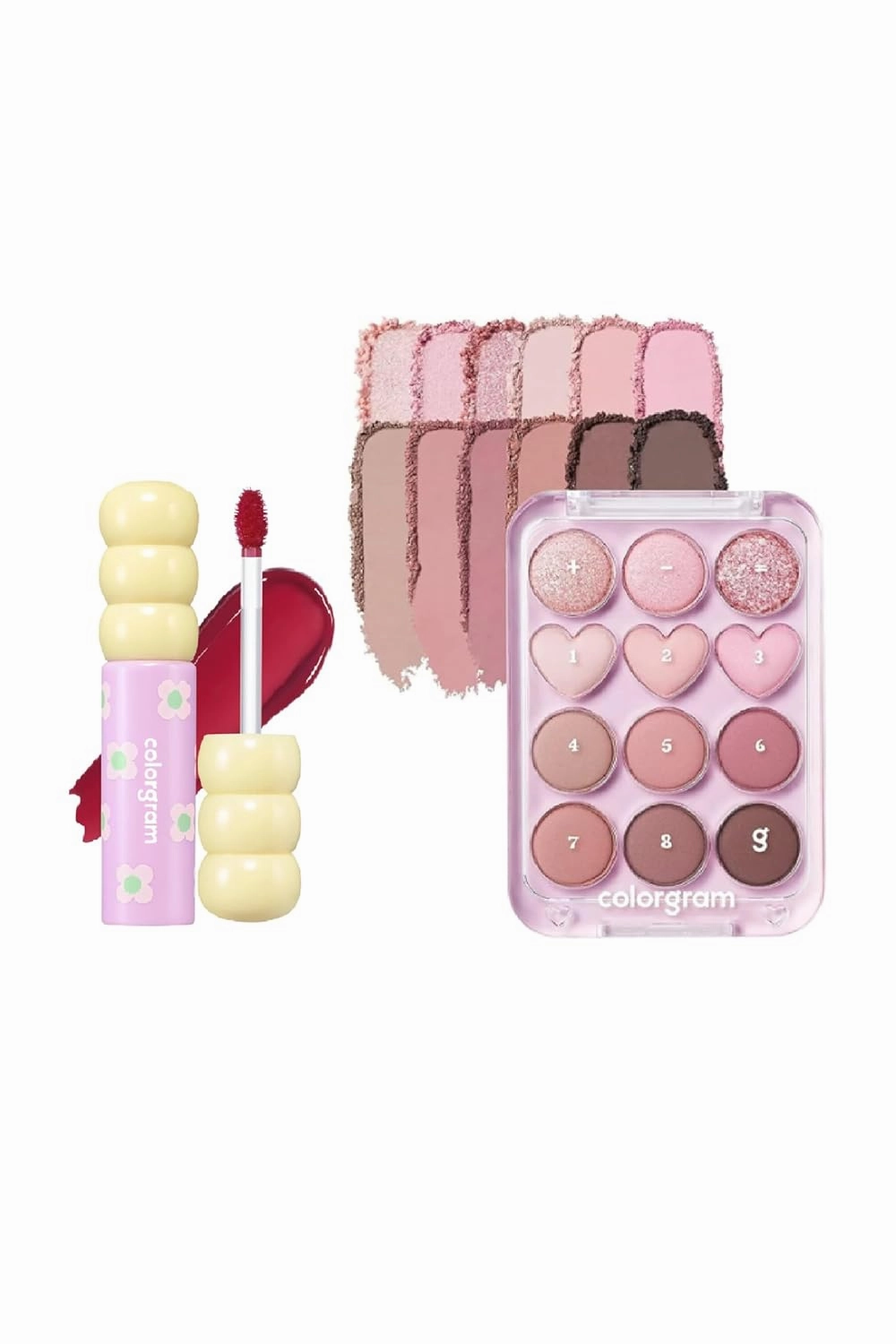COLORGRAM Fruity Glass Tint 08 Lovely Raspberry   Pin Point Eyeshadow Palette 02 Pink Mauve | Highly Pigmented Glossy Dewy Lip Gloss and Ultra - Blendable Matte, Giltter, Shimmer Eye Palette