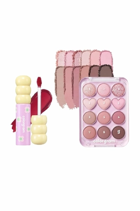 COLORGRAM Fruity Glass Tint 08 Lovely Raspberry   Pin Point Eyeshadow Palette 02 Pink Mauve | Highly Pigmented Glossy Dewy Lip Gloss and Ultra - Blendable Matte, Giltter, Shimmer Eye Palette