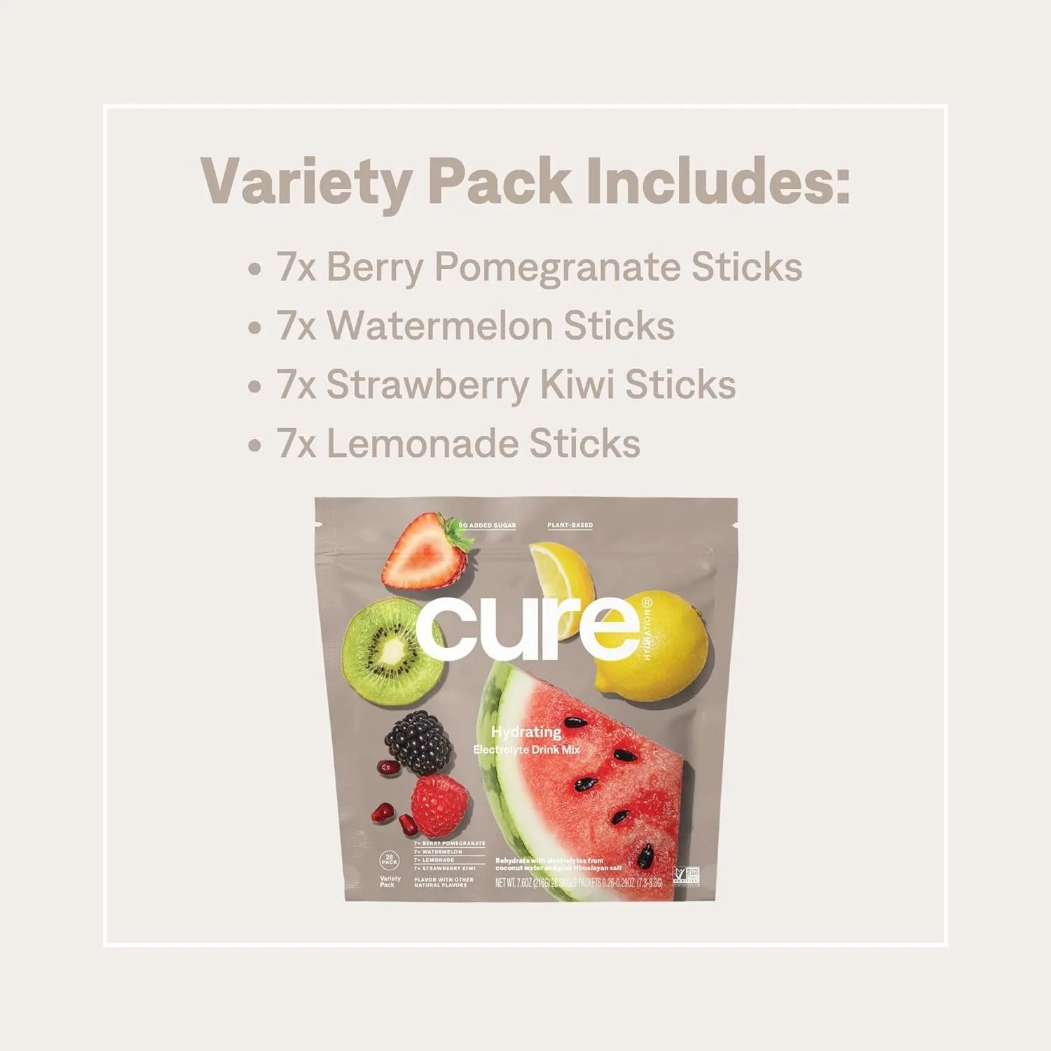 Cure Hydration | Plant-Based Electrolyte Drink Mix | No Added Sugar | FSA & HSA | Dehydration Relief Powder Made with Coconut Water | Non-GMO | Vegan | 28 Packets - Variety Pack