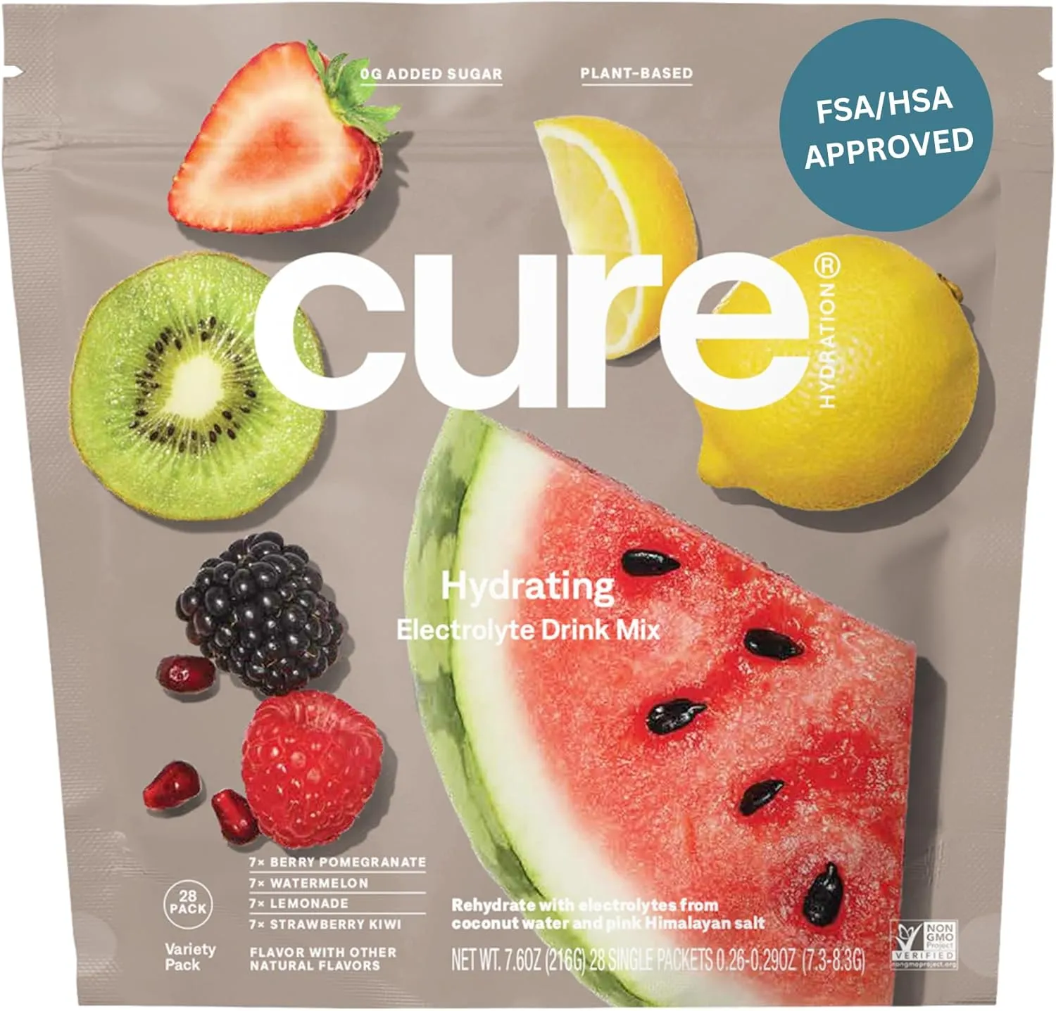 Cure Hydration | Plant-Based Electrolyte Drink Mix | No Added Sugar | FSA & HSA | Dehydration Relief Powder Made with Coconut Water | Non-GMO | Vegan | 28 Packets - Variety Pack