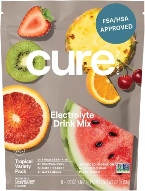 Cure Hydration | Plant-Based Electrolyte Drink Mix | No Added Sugar | FSA & HSA | Dehydration Relief Powder Made with Coconut Water | Non-GMO | Vegan | 8 Packets - Tropical Variety Pack