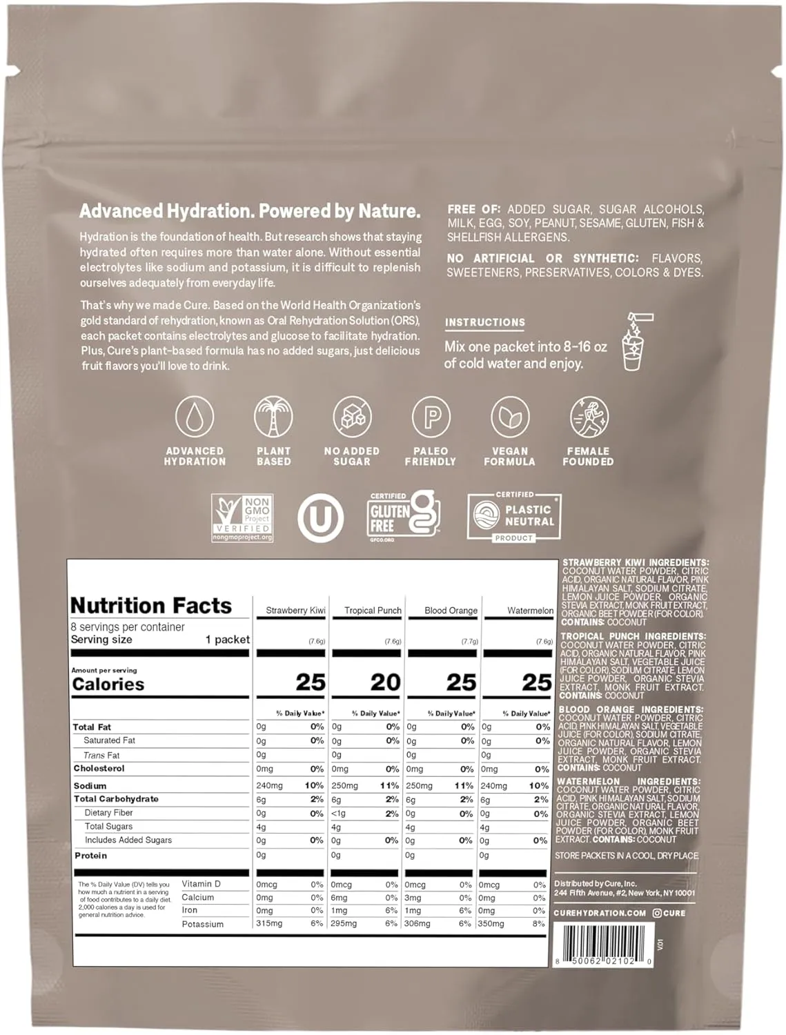 Cure Hydration | Plant-Based Electrolyte Drink Mix | No Added Sugar | FSA & HSA | Dehydration Relief Powder Made with Coconut Water | Non-GMO | Vegan | 8 Packets - Tropical Variety Pack