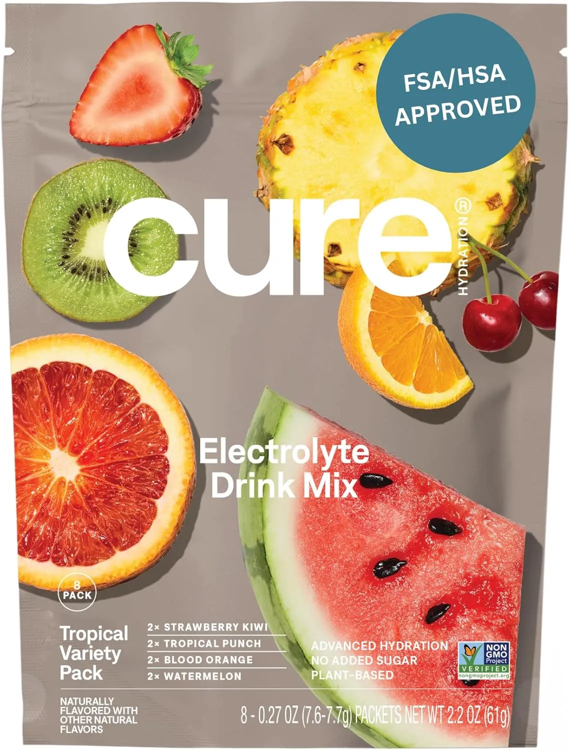 Cure Hydration | Plant-Based Electrolyte Drink Mix | No Added Sugar | FSA & HSA | Dehydration Relief Powder Made with Coconut Water | Non-GMO | Vegan | 8 Packets - Tropical Variety Pack
