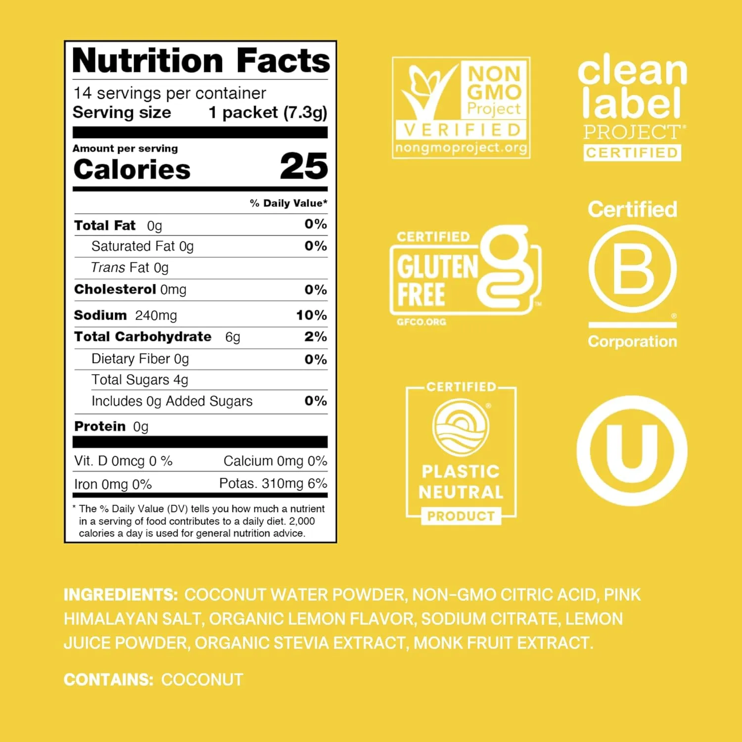 Cure Hydration | Plant-Based Electrolyte Drink Mix | No Added Sugar | FSA & HSA | Dehydration Relief Powder Made with Coconut Water | Non-GMO | Vegan | Pouch of 14 Packets - Lemonade
