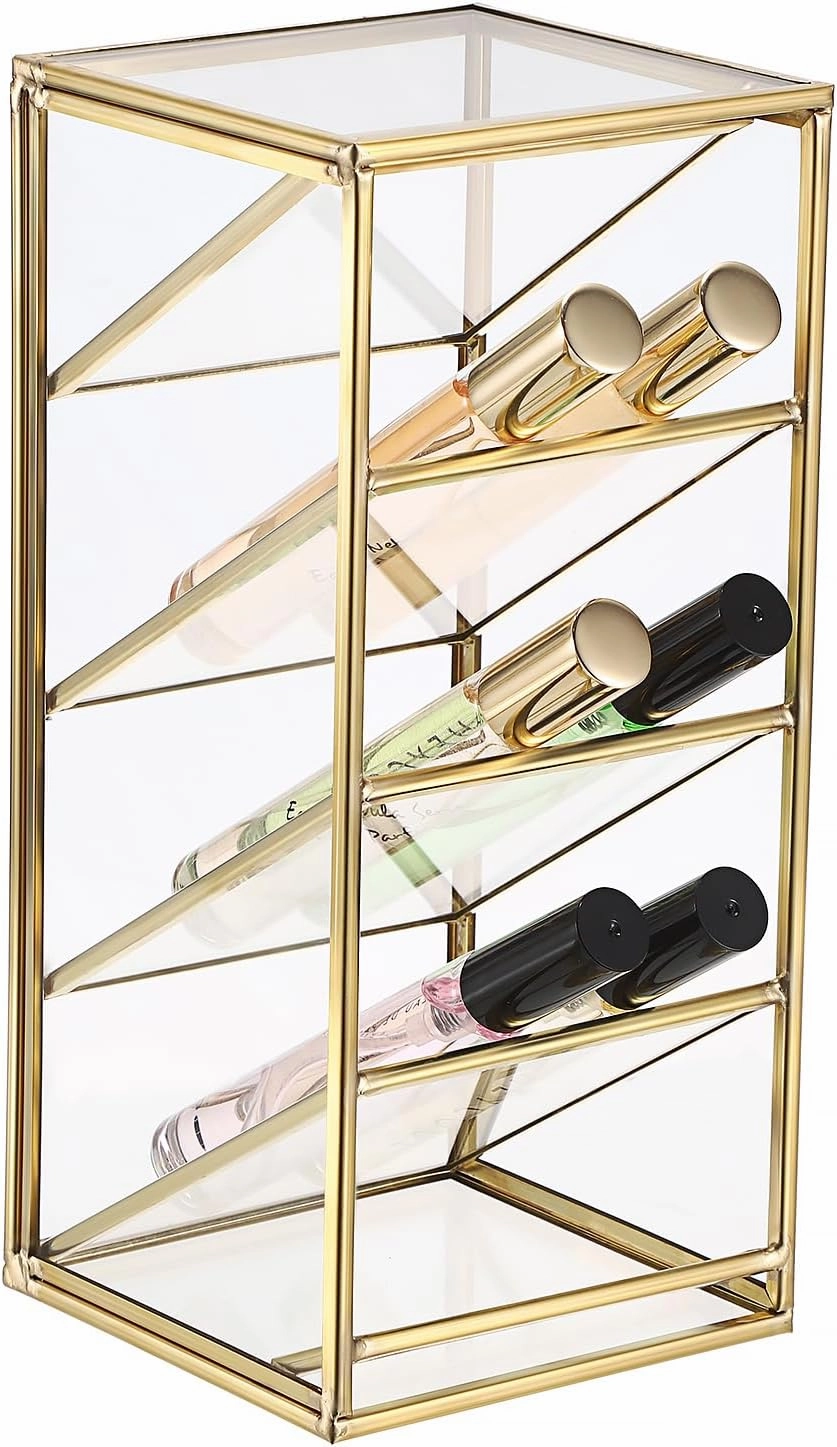 ELLDOO Rollerball Perfume Organizer, 4 Compartment Clear Glass Perfume Storage Holder Vintage Beauty Scent Holder, Metal Makeup Lipgloss Lipstick Display Case