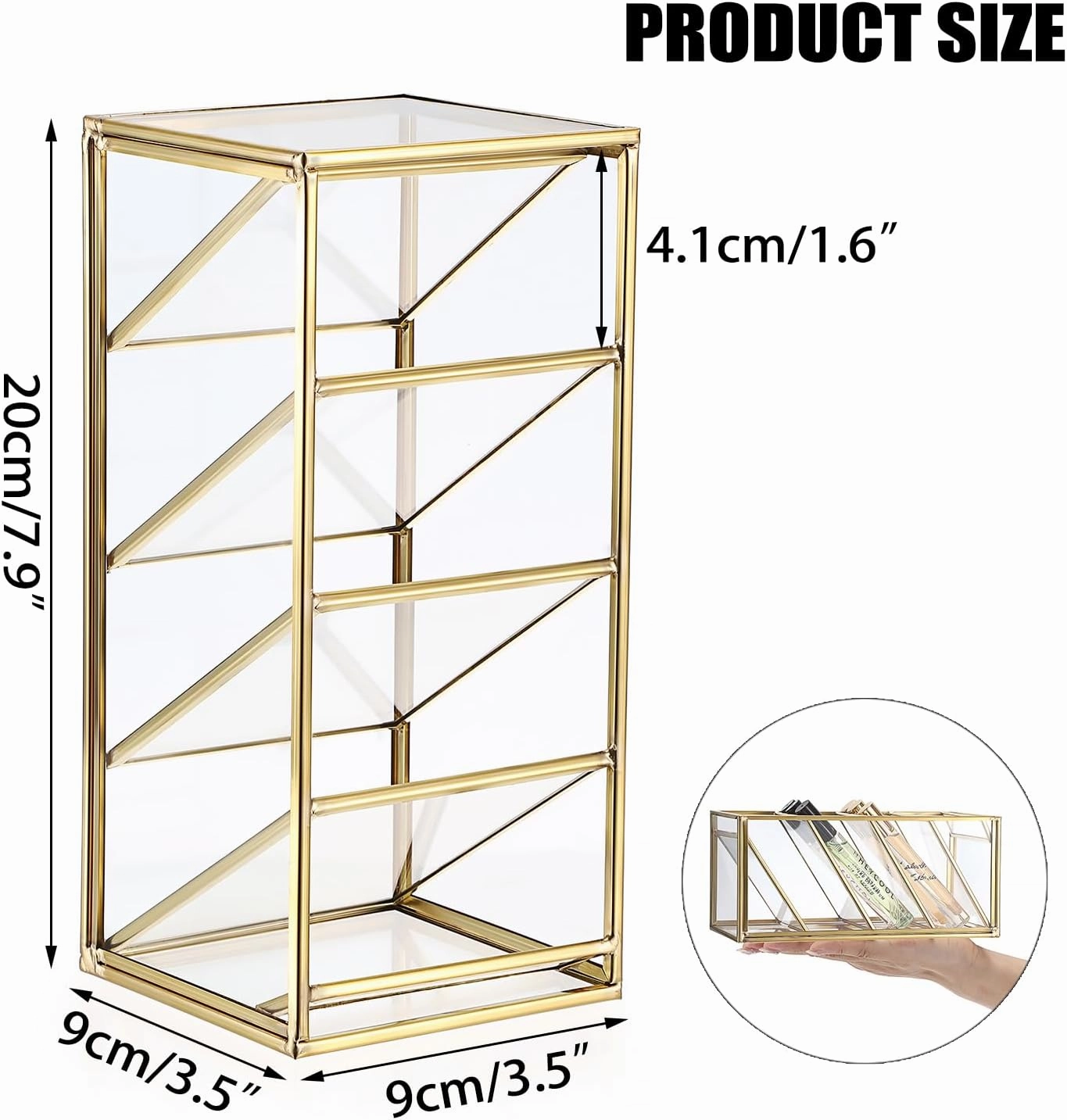 ELLDOO Rollerball Perfume Organizer, 4 Compartment Clear Glass Perfume Storage Holder Vintage Beauty Scent Holder, Metal Makeup Lipgloss Lipstick Display Case