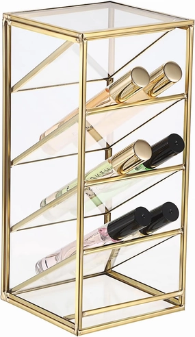 ELLDOO Rollerball Perfume Organizer, 4 Compartment Clear Glass Perfume Storage Holder Vintage Beauty Scent Holder, Metal Makeup Lipgloss Lipstick Display Case