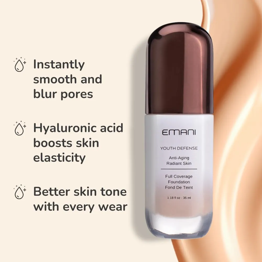 Emani Youth Defense Foundation with Hyaluronic Acid - Anti-Aging, Full Coverage - Protects Face and Brightens Skin Discoloration, Light