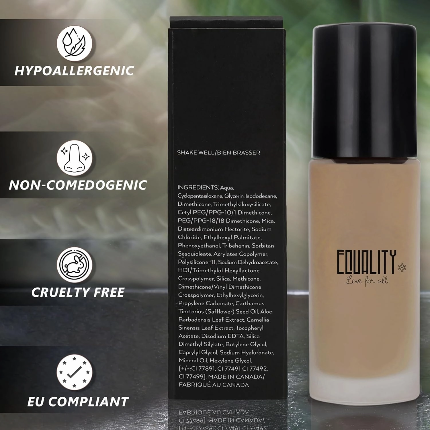 EQUALITY Cashmere Foundation, Water resistant, Medium to Full coverage, Soft matt finish, 12 hour wear Shine control, Cruelty Free, Paraben Free, 33ml/1.12 Fl Oz - C45