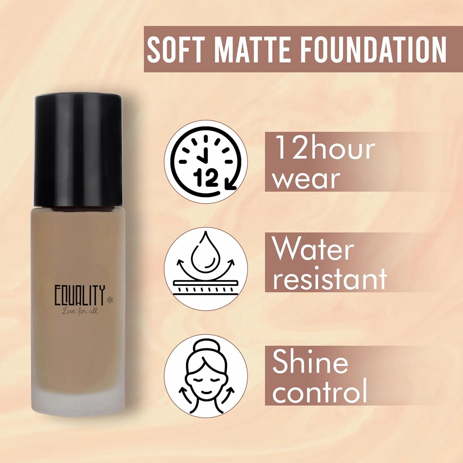 EQUALITY Cashmere Foundation, Water resistant, Medium to Full coverage, Soft matt finish, 12 hour wear Shine control, Cruelty Free, Paraben Free, 33ml/1.12 Fl Oz - C45