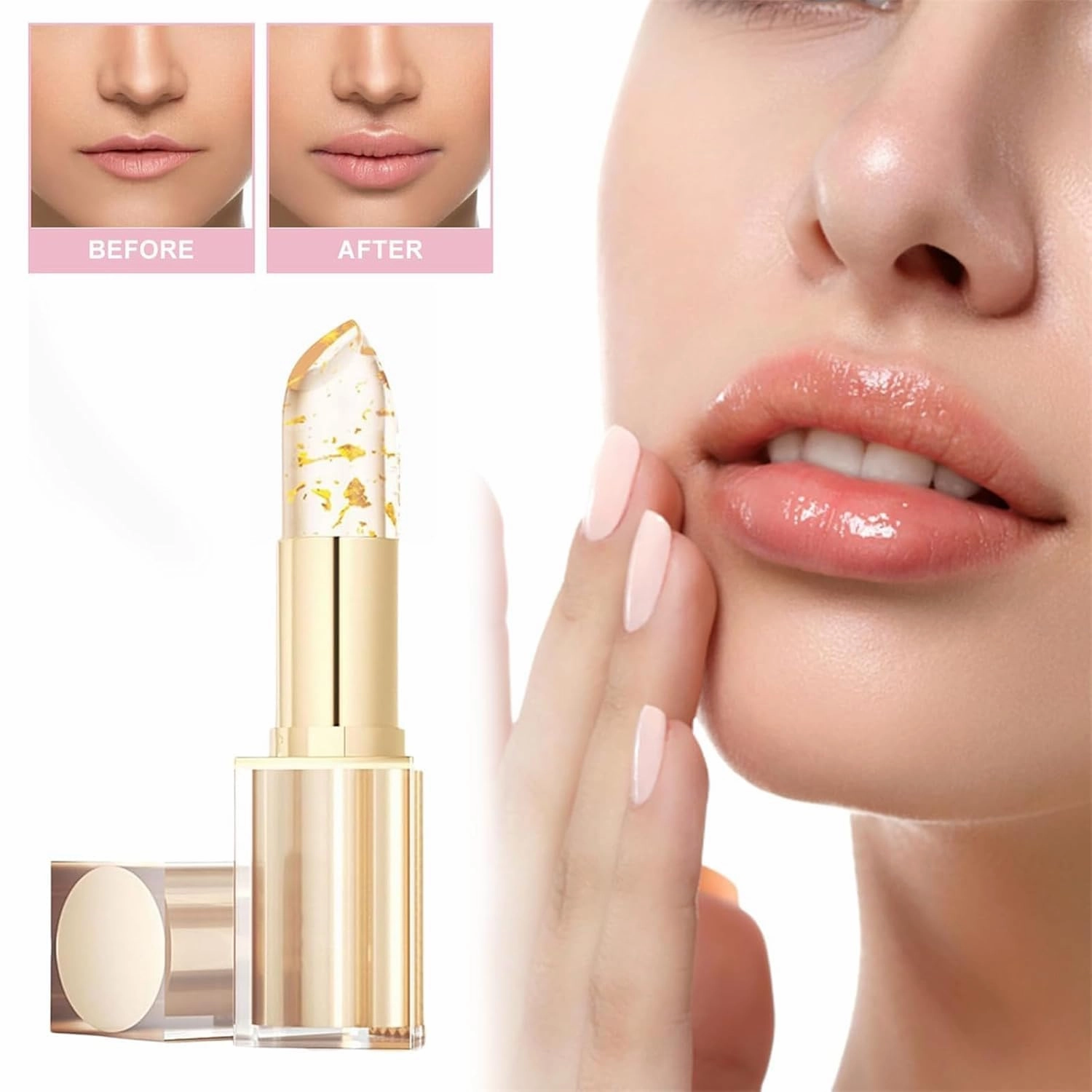 Filgaentrme Lipstick, Color Changing Lipstick, Transparente Transferproof Gold Crystal Color Changing Lip Stick for Women, Long Lasting 24 Hours Moisturizing Glossy Shine Lip Gloss (Gold, 3.5g)