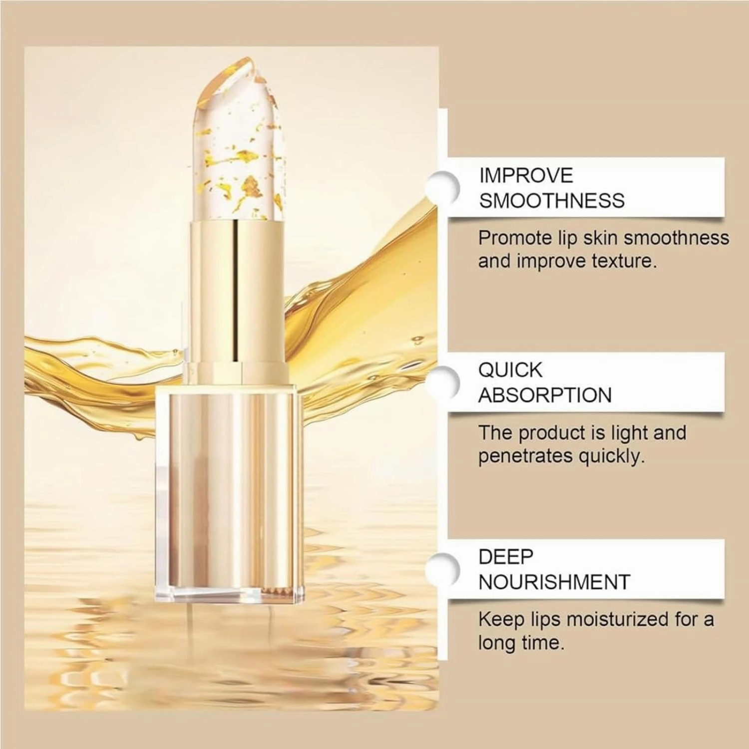 Filgaentrme Lipstick, Gold Crystal Color Changing Lipstick, Women Long Lasting Warm Change Waterproof Moisturizing Glossy Shine Lip, Deep Nourishment