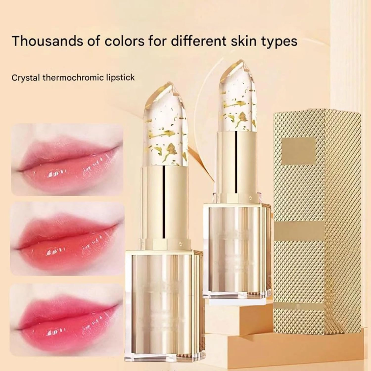 Filgaentrme Lipstick, Gold Crystal Color Changing Lipstick, Women Long Lasting Warm Change Waterproof Moisturizing Glossy Shine Lip, Deep Nourishment
