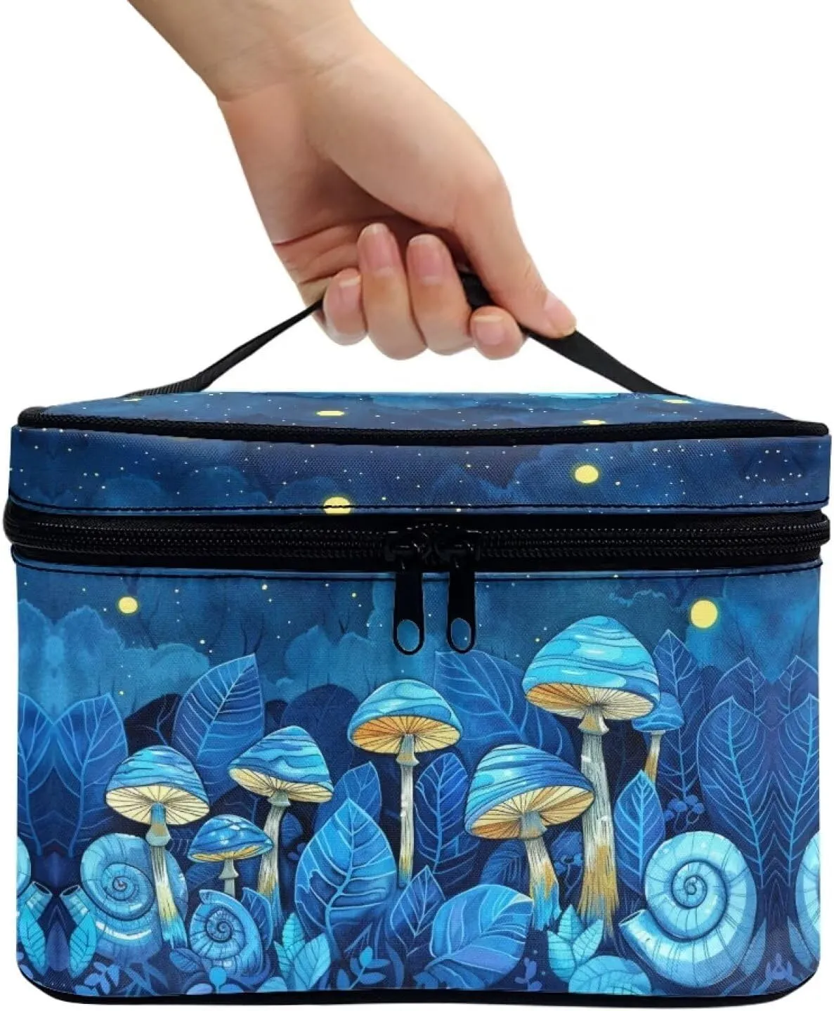 Flashideas Blue Mushroom Cosmetic Bag Makeup Organizer Bag for Travel Can Hold Makeup Brushes Skincare Large Capacity Travel Toiletry Bag with Handle for Jewelry, Lipstick, Cosmetic Box