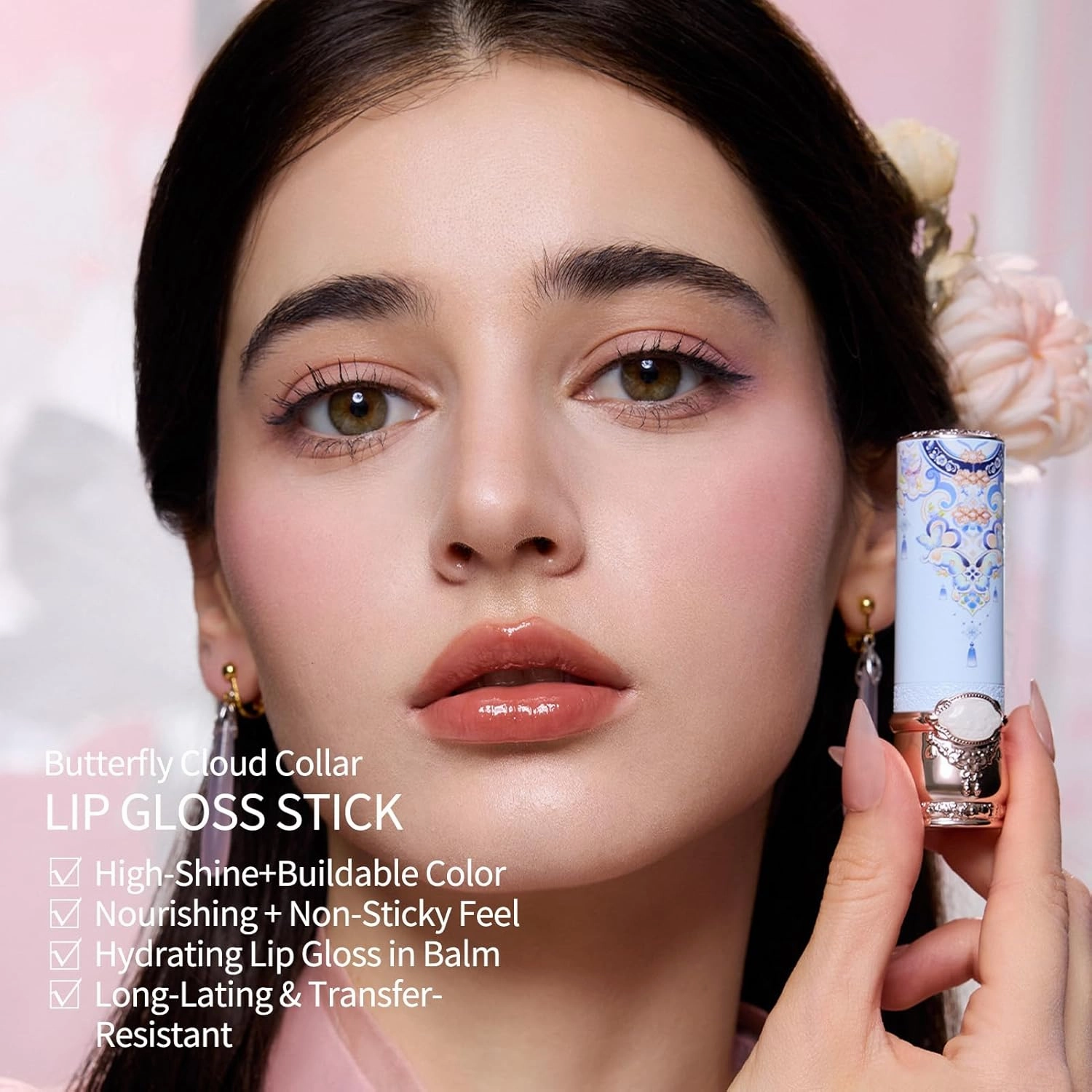 Flower Knows Butterfly Cloud Collar Glossy Lipstick,Hydrating Solid Lip Gloss,Moisturizing Nude Tinted Lip Balm,Long Lasting Lip Gloss in Balm for Girls&Women,Vegan & Cruelty-Free(C01 Birchleaf Pear)